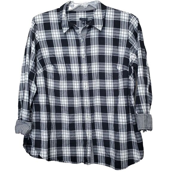 Talbots Plus 100% Cotton Black Plaid Contrast Cuff Button-Up Shirt Size 1X - Picture 1 of 5